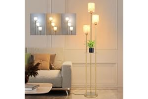 Winverty Stehlampe Wohnzimmer Gold, 3-Flammige Stehleuchte mit Regal, Modern Standleuchte E27 mit Fußschalter & Leinen Lampenschirm für Wohnzimmer Schlafzimmer 1.66M
