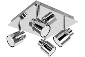 MiniSun | Modern Polished Chrome Square Plate Adjustable IP44 Bathroom 4 Way Ceiling Spotlight Complete with 4 x 5W Cool White GU10 LED Bulbs | Bathroom, Home Décor & Improvement Essential