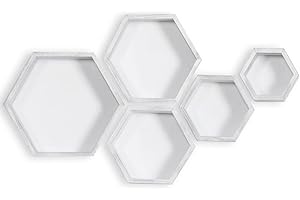 PHOENANCEE Set of 5, Hexagon Floating Shelves, Wooden Wall Mounted Hexagonal Shelf, Solid Wood Decorative Hanging Shelf for Bedoom, Living Room, Office, Home Decor(Rustic White)