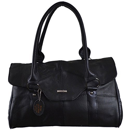 Ladies Leather Shoulder Bag / Handbag with Folder Over Flap and Magentic Clasp. ( Black )