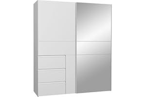‎FORTE FORTE WINN 2 Schrank, weißer Kleiderschrank mit Spiegeltür, Schlafzimmerschrank, Schwebetürenschrank Weiß mit Schubladen & Spiegel, 170 cm breit x 200 cm hoch x 61,2 cm tief