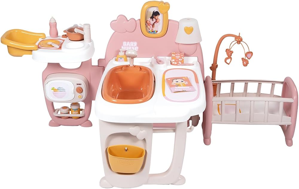 Smoby – Baby Nurse – Bebek evi – 42 cm'ye kadar bebekler için – 3 oyun alanı – 19 aksesuar – Katlanabilir ve taşınabilir – Geri dönüştürülmüş malzeme – 3 yaşından itibaren Fransa'da üretilmiştir