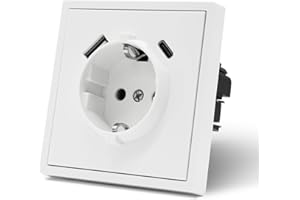 MVAVA Enchufe con USB C,Enchufes pared Con Garfio,Empotrable Estándar,Placa de Mate,Seguridad infantil,1 Enchufe con USB C,80mm Blanco