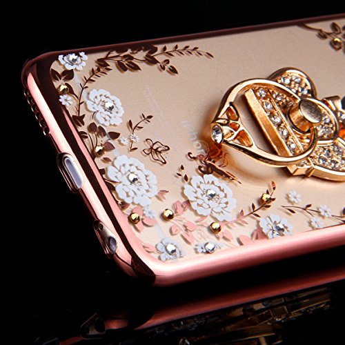 iPhone 6S Plus Hülle,iPhone 6 Plus Hülle,ikasus® TPU Silikon Hülle Schutz Handy Hülle Case Tasche Etui Bumper Crystal Case Hülle für Apple iPhone 6S / 6 Plus (5,5 Zoll) [Phone Ständer Holder] Durchsichtig mit Glänzend Glitzer Kristall Strass Diamanten Blumen Muster Überzug Plating Bumper Stoßdämpfend Transparent TPU Silikon Schutz Crystal Durchsichtig Schutzhülle Handyhülle Schale Etui Protective Case Cover – Rose Gold Weiße Blumen mit Strass-Steinen Krone Ring-Ständer - 4