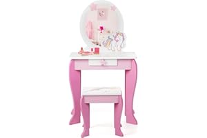 RELAX4LIFE Toeletta da Trucco con Sgabello per Bambini, Scrivania con Specchio Rotondo Rimovibile, Cassetto con Manopola a Stella, Scrivania e Sedia per Cameretta, Modello Unicorno (Rosa)