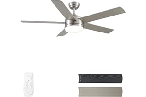 CJOY Ceiling Fans with Lights Brushed Nickel, 52'' Quiet Ceiling Fan Lights with Remote, Dimmable Tri-Color Temperatures, 5 Blades Reversible Winter and Summer for Bedroom