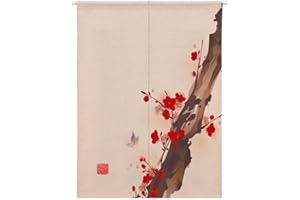 Oduo Noren Rideau de Porte Style Japonais Long Coton et Lin, Rideau Demi-Porte Imprimé de Chinoiserie, Tapisserie Rideau de Séparation de Cuisine de Restaurant (Prune Rouge,85x150cm)