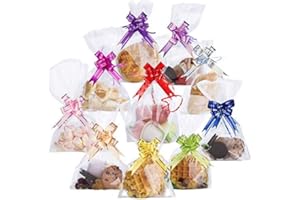 AUERVO 100PCS Clear Cellophane Treat Bags 6" X 10" Clear Resealable Flat Cello Bags Sweet Party Gift Bags OPP Plastic Bag with 100PCS Mix Colors Pull Bows for Candy, Soap, Cookie