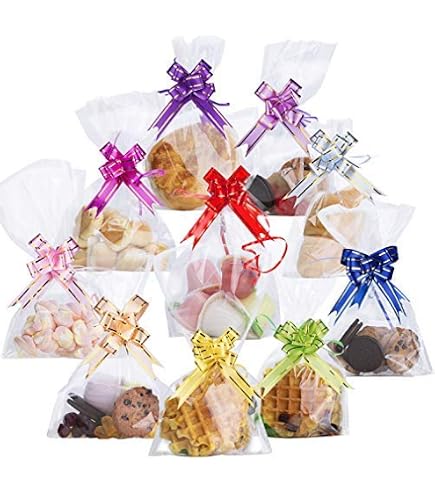 INNAL Set di 20 Sacchetti Regalo in Cellophane, 10 Grandi Sacchetti Regalo Trasparenti in Cellophane 100x70cm, Carta Regalo, Sacchetti in Cellophane con 10 Fiocchi da Tirare per Regali, Cestini