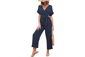 KBRPEY Mono para mujer Elegantes Manga Corta Pantalones Largos Escote en V Profundo Casual Mono Informal Suelto Verano Vestido de Ceremonia Cóctel con Cinturón