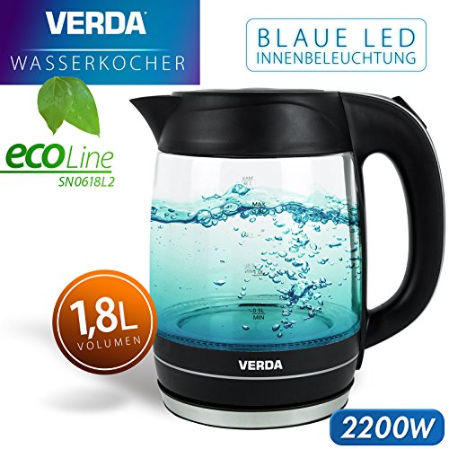 VERDA Wasserkocher 1,8L 2200W Kalkfilter LED BELEUCHTUNG Kabelloss Glas SN0618L2 - 8
