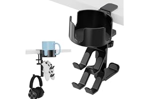 360° Rotating Desk Controller Holder with Headphone Hanger, 3-in-1 Anti-Spill Cup Holder, Adjustable Aluminum Alloy Stand for Xbox, PS4, PS5, Switch, Universal Gaming Accessories Organizer