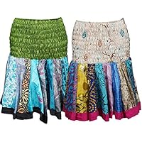 Mogul Interior 2Pc Womens Mini Skirt Colourful Silk Sari Boho Gypsy Skater Skirts S/M Green,Beige