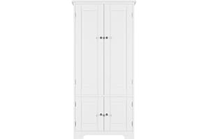 ‎FOREHILL FOREHILL Biała szafa wielofunkcyjna, szafka do salonu, szafka kuchenna, wysoka szafka z 4 drzwiami i regulowaną półką 58 x 31,5 x 123 cm