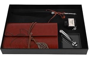 VBESTLIFE Pióro do pióra, vintage, kaligrafia, pióro, atrament, skórzany zestaw notatników, artykuły pa, pudełko prezentowe (czarne)