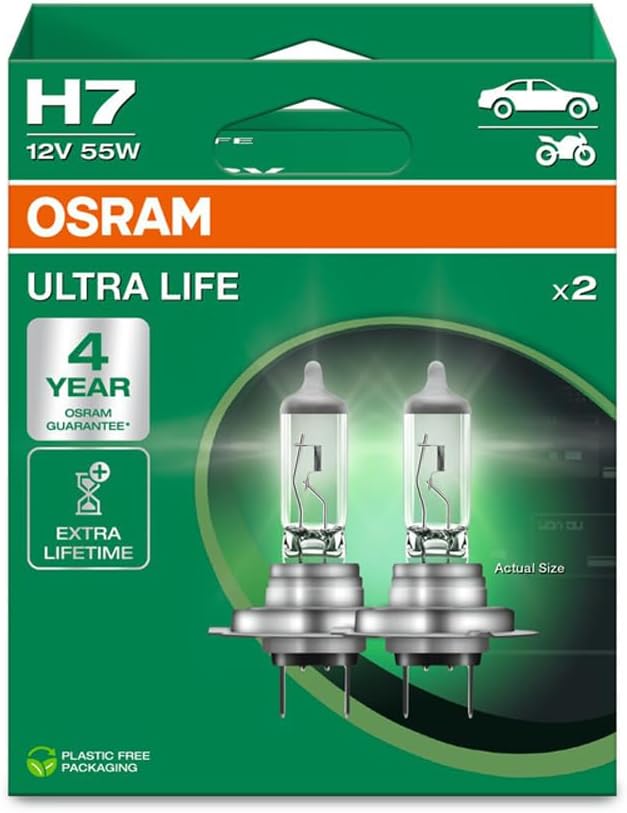 OSRAM ULTRA LIFE, H7, lámparas halógenas para faros, caja plegable colgante (2 lámparas)