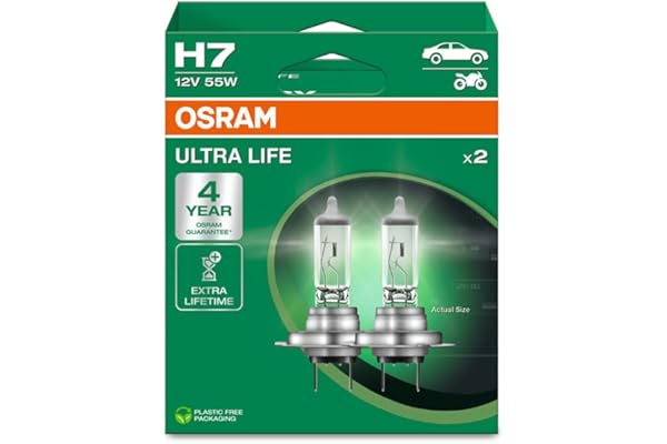 OSRAM ULTRA LIFE, H7, lámparas halógenas para faros, caja plegable colgante (2 lámparas)