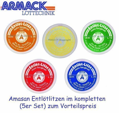 Amasan Entlötlitze Spulen (SET) bestehend aus 5 Spulen aller Größen (L05, L10, L15, L20, L25) mit hoher Saugfähigkeit aus Kupfer 1,60 Meter pro Spule
