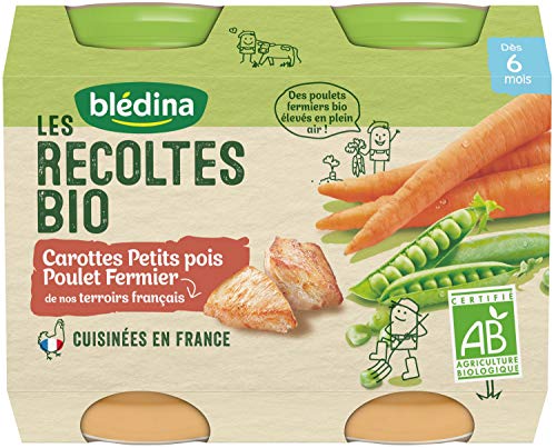 Blédina Les Récoltes Bio 12 petits pots Carottes Petits Pois Poulet dès 6 mois (Pack de 6x2 pots)
