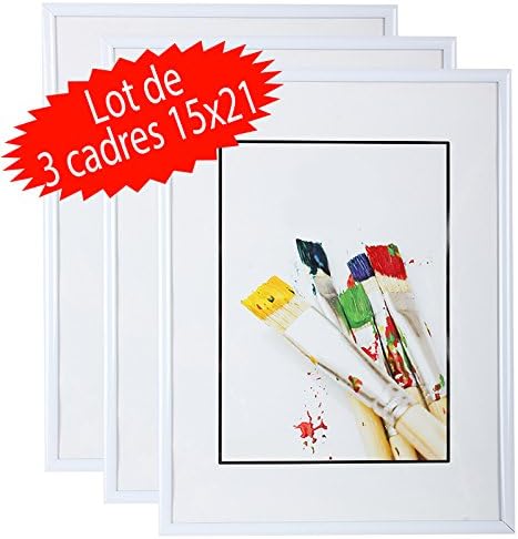 Set of 3 photo frames 15 x 21 cm (White) - Resin frame with protective glass pane - Delivered with foot stand, frame to rest on a piece of furniture, an office ....