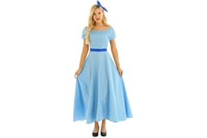 CHICTRY Costume da Principessa Wendy Donne Ragazza Vestito Lungo Midi Blu Elegante Abito da Cerimonia con Fascia Wendy Peter-Pan Cosplay Halloween Fiocco Accessori Festa