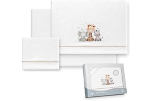 Interbaby - Juego Sabanas Carrito Bebe 40x80 Poliester 100% | Sabana Cuna Coralina, Cálida | Incluye Sabana Bajera, Encimera y Funda de Almohada | Ideal para Invierno | Jirafa Elefante Blanco/Beige