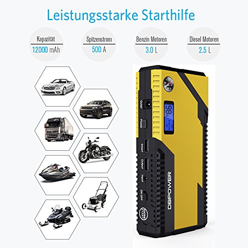 500A Spitzenstrom 12000mAh Tragbare Auto Starthilfe Autobatterie Anlasser, Externer Akku Ladegerät mit Kompas, LCD Display und LED Taschenlampe für Laptop, Smartphone, Tablet und vieles mehr - 3