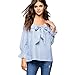 Produktbild LILICAT Frauen Oberteile Sommer Mode Bluse Aus der Schulter Bow Tie Chic Tops Damen Krawatte Gestreift Lange Ärmel Lose Casual T-Shirt Elegant Baumwolle Hemd (S, Blau)