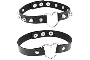Aabellay 2 Stück Breit Lederhalsband Halskette Herz Form Damen Leder Choker Niet Halsband Gotik Punk Rock Lederband Einstellbar Kragen – Schwarz