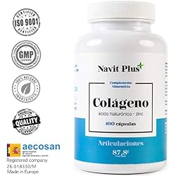 Colágeno hidrolizado. Colágeno + Acido hialurónico + Vitamina C + Zinc, 100 cápsulas. El Complemento alimenticio perfecto para la piel, mantenimiento de cartílagos y articulaciones.