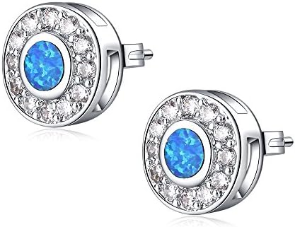 LANMPU Sterling Silver Round with Blue Green Fire Opal Inlay and Cubic Zirconia Stud Earrings for Women and Girls