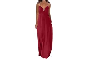 AMHOMELY Women Dress Sale Clearance Summer Dresses Casual Boho Solid Color Hoop Sling Beach Long Maxi Dress With Pockets UK Ladies Dress Party Elegant Beach Dress Club Cocktail Work Dresses Evening Gowns