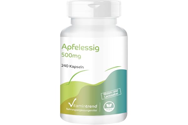 Vitamintrend Vinaigre de cidre 500 mg, 240 gélules, 2000 mg de poudre de vinaigre de cidre par dose quotidienne, complément alimentaire végan sans stéarate de magnésium, fabriqué en Allemagne