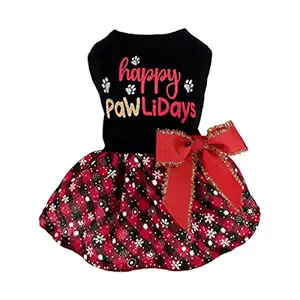 Fitwarm Happy Pawlidays 100% Cotton Dog Christmas Outfits Girl Dog Holiday Dress Lightweight Doggie Costume Puppy Clothes Pet Apparel with Bowknot Cat Clothing Red X-Small