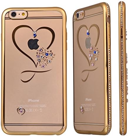 iPhone 6S Plus Case,iPhone 6 Plus Case,Soft TPU Love Heart Design Glitter Diamond Gold Electroplate Plating Frame Crystal Clear TPU Bumper Case Cover for iPhone 6/6S Plus 5.5"