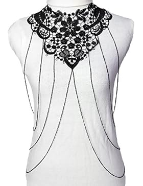 lureme® Sexy Women's Schwarz Spitze Hollow Blume Bikini Body Kette Schmuck Halskette (01004088)