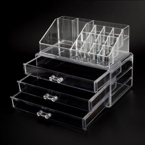 3-Layer Cosmetic Organiser Makeup Display Stand Clear Acrylic Lipstick Puff Drawers/Sections, Compact Holder