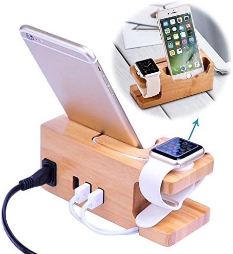 Wooden Charging Station 3-Port Bamboo Docking Rack and Cord Organiser Holder for Smartphones and Tablets