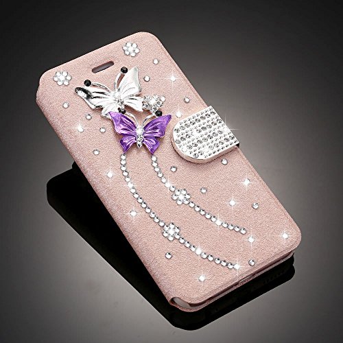 For iPhone 5s Case,L-FADNUT Bling Jewellery Crystal Rhinestone Flip PU Leather Case,3D Butterfly [Magnetic Diamond Buckle] with Stand Wallet Card Holder For iPhone 5/5s - Rose Gold