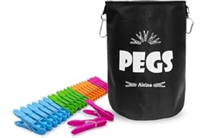 Aieino Large Peg Bag with 24pcs Pegs, 2pcs Hanging Snap Hook - Drawstring Hangers Storage Bag Waterproof Clothes Pegs Pouch for Hanger Clips Washing Line Weather Resistant, Black