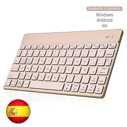 SENGBIRCH Bluetooth Teclado Español, Teclado Inalámbrico Delgado para iOS-Android-Windows Retroiluminada 7 Colores Teclado Compatible con iPad, Tablet PC?Mac (Oro)