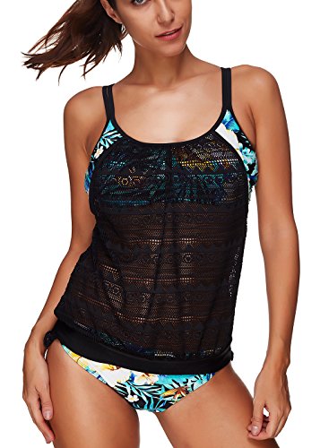 sankill Femme aligné Double Up Tankini Maillot de Bain imprimé Floral 2 pièces Maillot de Bain de Plage Wicking Comfort Bikini