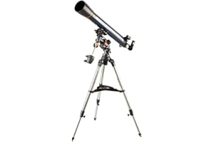Celestron 21064 AstroMaster 90EQ - Teleskop refrakcyjny — zawiera dwa okulary, nasadke katowa do obrazu nieodwróconego, statyw z regulacja wysokosci i elegancka tace na akcesoria, granatowy