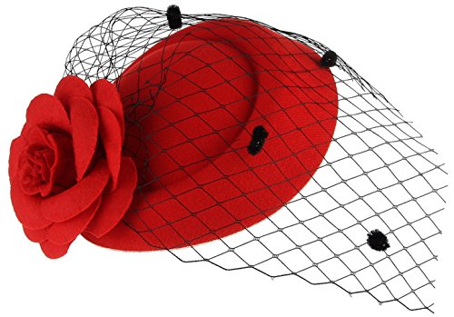 GEMVIE Mujer Tocado Pelo Flor Clip Sombrero Boda Cóctel Novia Accesorios para Cabello Rojo