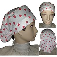 Medizinische Kappe Operationssaal Weiße rote Herzen. Für langes Haar. Pflege, Zahnärzte, Tiermedizin, Kochen, Industrie. Handtuch auf der Stirn Einfache Einstellung mit Spanner. 100% Baumwolle