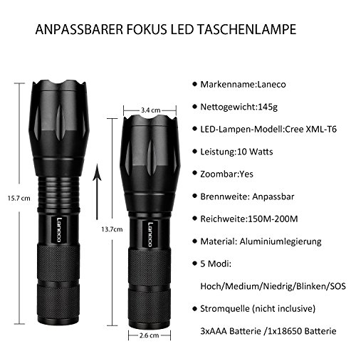 Laneco A100 Taktische Taschenlampe mit Hochleistung – Superhelle LED Handgerät-Taschenlampe – Tragbare Wasserdichte Taschenlampe im Freien mit Einstellbarem Fokus und 5 Leuchtungsmodi für Campen Wandern usw. - 3