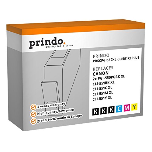 kompatibel mit Canon 2x PGI-550pgbkXL + 1x CLI-551bk XL + 1x CLI-551c XL + 1x CLI-551m + 1x CLI-551y XL Prindo PRSCPGI550XL CLI551XLPlus (Prindo 374871)