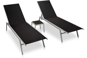 Benkeg Tumbonas con Mesita 2 Unidades Acero y Textilene Negro, de Sol para Jardín, de Exterior, Patio, Porche o Piscina