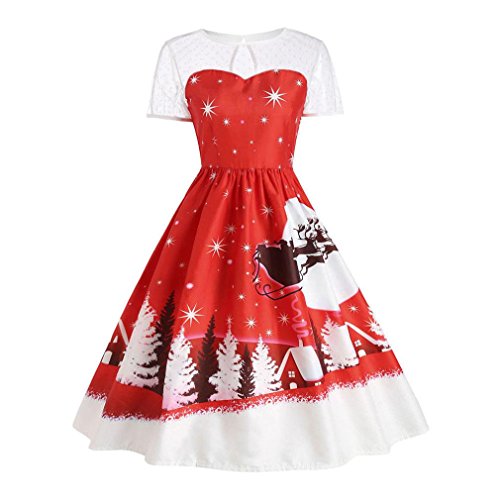 Women Ladies Vintage Christmas Print Dress Friendg O Neck Short