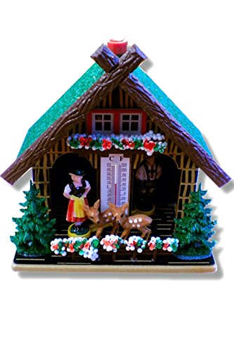 Bavariashop Wetterhäuschen Reh, Holz, Bayerisches Barometer, Thermometer, Traditionell Bunt, Wetterfest, 14 x 13 cm